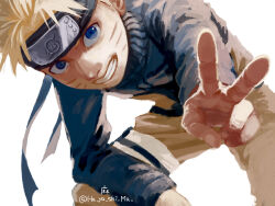  1boy black_jacket blonde_hair blue_eyes facial_mark forehead_protector ha_ya_shi_ma happy_birthday highres jacket konohagakure_symbol leaning_forward looking_at_viewer male_focus multicolored_jacket naruto_(classic) naruto_(series) orange_jacket orange_pants pants short_hair smile solo spiky_hair teeth twitter_username two-tone_jacket uzumaki_naruto v whisker_markings white_background 