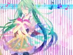  bad_id closed_eyes dress eyes_closed green_hair hatsune_miku heart long_hair musical_note pantyhose solo striped striped_background twintails very_long_hair vocaloid zero14 