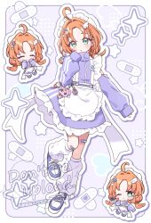  1girl absurdres ahoge akechi_anna apron bandaid bandaid_on_leg blue_shoes charm_(object) commentary_request frilled_apron frilled_skirt frills full_body green_eyes hair_ornament hand_up highres hiiragi_syuu jacket jersey_maid leg_warmers long_sleeves looking_at_viewer maid maid_apron maid_headdress meitantei_precure! orange_hair precure purple_jacket purple_skirt shoes skirt sleeves_past_wrists sneakers track_jacket unconventional_maid watermark white_apron white_leg_warmers wing_hair_ornament 