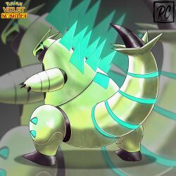  absurdres aqua_eyes black_sclera claws colored_sclera commentary copyright_logo copyright_name english_commentary full_body glowing glowing_eyes highres iron_thorns logo looking_back no_humans non-humanoid_robot open_mouth pokemon pokemon_(creature) pokemon_focus pokemon_scarlet_and_violet rcortezdraws robot solo spines v-shaped_eyes 