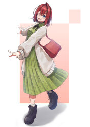  1girl absurdres ange_katrina ankle_boots atae_shiro bag black_boots black_choker black_ribbon blue_eyes bobby_socks boots cardigan choker collared_dress commentary_request cosplay crossed_bangs dress full_body green_dress grey_cardigan hair_between_eyes hair_ornament hairclip highres inui_toko inui_toko_(cosplay) inui_toko_(fall_casual) invisible_floor lace-up_boots long_dress long_sleeves looking_at_viewer medium_hair multiple_hairclips neck_ribbon nijisanji one_eye_closed open_cardigan open_clothes open_mouth pink_background puffy_long_sleeves puffy_sleeves red_bag red_hair ribbon shoulder_bag simple_background single_hair_intake socks solo standing virtual_youtuber white_background white_socks 