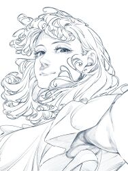  1girl armpit_peek breasts commentary_request curly_hair eyelashes floating_hair from_side greyscale hatching_(texture) highres jcjiro lips looking_at_viewer medium_breasts medium_hair monochrome nose original outstretched_arm portrait reaching reaching_towards_viewer shirt short_sleeves simple_background smile white_background 