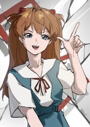  1girl blue_eyes blue_shirt highres interface_headset_(evangelion) long_hair neon_genesis_evangelion open_mouth orange_hair qiqi52077 school_uniform shirt short_sleeves solo souryuu_asuka_langley upper_body white_shirt 