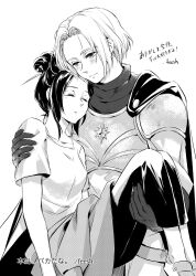  1boy 1girl absurdres armor artist_name blush cape carrying commentary_request feesh gloves greyscale hair_ornament hair_stick hair_up hetero highres hirose_natsuko luke_braveheart monochrome pants princess_carry shirt shoes short_hair t-shirt white_background zenshuu 