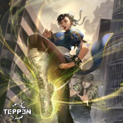  1girl baseball_cap bracelet bun_cover chun-li commentary_request copyright_name double_bun hair_bun hat highres jewelry open_mouth peperon_(peperou) puffy_sleeves solo spiked_bracelet spikes street_fighter teppen 