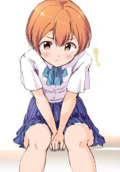  1girl :t arms_between_legs blue_bow blue_bowtie blue_skirt blush bow bowtie closed_mouth collared_shirt dress_shirt feet_out_of_frame highres hoshizora_rin leaning_forward looking_at_viewer love_live! love_live!_school_idol_project miniskirt orange_eyes orange_hair otonokizaka_school_uniform school_uniform sen_(sen0910) shirt short_sleeves simple_background sitting skirt solo striped_bow striped_bowtie striped_clothes summer_uniform white_background white_shirt 