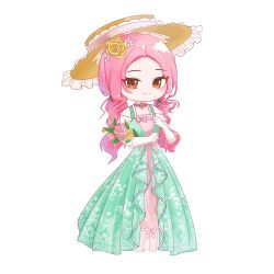 1girl animal_print artist_request bouquet brown_eyes brown_hat butterfly_print chibi chinese_commentary closed_mouth commentary_request commission daisy_(flower) dress eyes_visible_through_hair floral_print flower frilled_gloves frilled_hat frills gloves gown green_dress hair_flower hair_ornament hand_on_own_chest happy hat highres holding holding_bouquet infinity_nikki lace-trimmed_dress lace-trimmed_headwear lace_trim layered_dress long_hair nikki_(nikki) nikki_(series) outline pendant_earrings pink_dress pink_flower pink_hair pink_ribbon pink_rose print_dress ribbon rose second-party_source short_sleeves sidelocks simple_background smile solo sun_hat tsurime under-elbow_gloves verdant_melodies_(infinity_nikki) very_long_hair waist_ribbon wavy_hair white_background white_flower white_gloves white_outline white_sleeves yellow_flower yellow_rose 