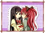  akemi_homura blush charlieinoni long_hair mahou_shoujo_madoka_magica multiple_girls pocky pocky_kiss ponytail red_eyes red_hair redhead sakura_kyouko shared_food yuri 