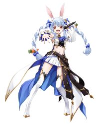  1girl animal_ear_fluff animal_ears ascot bandeau belt black_bandeau black_thighhighs blue_ascot blue_cape blue_hair blue_trim blush boots braid braided_twintails breasts cape carrot_hair_ornament colored_shoe_soles commentary_request contrapposto crop_top cropped_vest detached_sleeves extra_ears fenrir_(fenlil0316) food-themed_hair_ornament full_body gold_trim hair_ornament high_heel_boots high_heels highres holding holding_microphone hololive hololive_fantasy_1st_anniversary_outfit linea_alba long_hair long_sidelocks looking_at_viewer looking_to_the_side microphone midriff miniskirt multicolored_hair multiple_belts navel official_alternate_costume open_mouth overskirt pleated_skirt rabbit-shaped_pupils rabbit_ears red_eyes short_eyebrows sidelocks simple_background skirt small_breasts solo stomach swept_bangs symbol-shaped_pupils teeth thick_eyebrows thigh-highs thigh_boots thighhighs_under_boots twin_braids twintails two-tone_hair upper_teeth_only usada_pekora v-shaped_eyebrows vest virtual_youtuber waist_cape white_background white_boots white_hair white_skirt white_sleeves white_vest wide_belt wide_sleeves zettai_ryouiki 