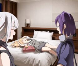  3girls absurdres ahoge bag bare_shoulders blonde_hair blue_hair cho_kaguya-hime! closed_eyes commentary_request cone_hair_bun earphones_around_neck electrical_outlet facing_another green_eyes grey_hair hair_bun highres inudoge jingulbi kaguya_(cho_kaguya-hime!) kaguya_(wego)_(cho_kaguya-hime!) lamp long_hair looking_at_another lying multicolored_hair multiple_girls on_back on_bed photo_background pillow pink_hair purple_hair runami_yachiyo runami_yachiyo_(wego) sakayori_iroha sakayori_iroha_(wego) short_hair short_sleeves streaked_hair two-tone_hair 