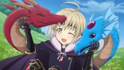  1boy ahoge alternate_costume anime_coloring artist_request ashton_anchors ashton_anchors_(cosplay) black_gauntlets black_headband blonde_hair blue_sky clouds commentary cosplay dragon forest game_asset gauntlets gold_trim grass green_eyes headband laphicet_(tales) light_blush looking_at_creature nature official_art official_cosplay one_eye_closed open_mouth short_hair sitting sky smile solo star_ocean star_ocean:_anamnesis star_ocean:_the_second_story tales_of_(series) tales_of_berseria tales_of_the_rays third-party_source 