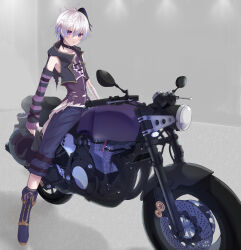  1girl androgynous arm_warmers bandaged_arm bandages belt_collar black_jacket black_streaks blue_boots blue_pants boots closed_mouth collar commentary dot_mouth dot_nose flower_(vocaloid) flower_(vocaloid4) full_body grey_background highres indoors jacket kokodoko_(g_kkdk) motor_vehicle motorcycle multicolored_hair on_motorcycle pants purple_arm_warmers purple_hair purple_shirt purple_vest riding riding_motorcycle shadow shirt single_arm_warmer sleeveless sleeveless_jacket sleeveless_shirt solo streaked_hair striped_arm_warmers torn_clothes torn_shirt vehicle_focus vehicle_request vest vocaloid white_hair yamaha 