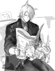  1boy 1girl absurdres animal_ears arknights black_jacket black_pants blemishine_(arknights) bow child collared_jacket collared_shirt commentary_request dress gomago_magoma grey_shirt greyscale hair_bow hair_over_one_eye highres holding holding_newspaper horse_boy horse_ears horse_girl horse_tail jacket mlynar_(arknights) monochrome necktie newspaper open_mouth outstretched_arms pants pouncing reading shirt short_hair sketch tail translation_request uncle_and_niece 