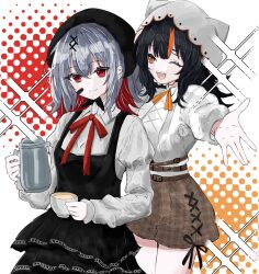  ahoge alternate_costume animal_hood apron bandaid bandaid_on_face black_apron black_hair black_hat bululet_okuda cat_hood collared_dress collared_shirt colored_inner_hair commentary_request cup dress grey_hair hair_ornament hat highres holding holding_cup holding_teapot hood layered_dress mahou_shoujo_no_majo_saiban multicolored_hair neck_ribbon one_eye_closed open_mouth orange_eyes red_eyes red_hair ribbon sawatari_coco shirt shito_alisa short_hair smile streaked_hair teapot white_dress white_shirt x_hair_ornament 