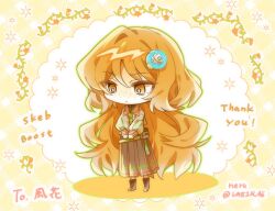 1girl black_skirt chibi closed_mouth commission expressionless full_body green_necktie highres ishmael_(project_moon) jacket limbus_company long_hair long_skirt long_sleeves necktie orange_eyes orange_hair orange_theme pleated_skirt project_moon puffy_long_sleeves puffy_sleeves sidelocks skeb_commission skirt solo thank_you very_long_hair vmein_46 white_jacket 