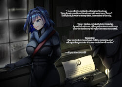  1girl 1other belt black_gloves blue_eyes blue_hair bow bow_earrings breasts chain chain_headband coat earrings english_text frostpunk fur_trim gloves hair_intakes hololive hololive_english jewelry large_breasts ouro_kronii pin_board ribbon_earrings schulz short_hair turtleneck typewriter virtual_youtuber window winter_clothes winter_coat 