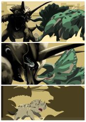  absurdres baby_animal backrooms_(creepypasta) black_eyes blood dinosaur extra_eyes fighting highres indoors open_mouth shadow still_life_(backrooms) triceratops yowhza 