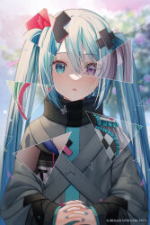 1girl aqua_eyes aqua_hair commentary_request grey_shirt hair_ornament hatsune_miku highres hisui_ame long_hair long_sleeves open_mouth shirt solo turtleneck twintails very_long_hair violet_eyes vocaloid white_hair x_hair_ornament 