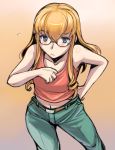  bespectacled blonde_hair blue_eyes blush casual denim from_above glasses hand_on_hip hips jeans long_hair rozen_maiden rozenweapon shinku tank_top 
