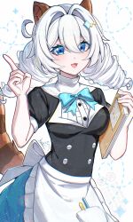  1girl absurdres ahoge animal_ears apron black_dress blue_bow blue_bowtie blue_eyes bow bowtie breasts cat_ears cat_tail commentary_request cutescookie dress drill_hair fake_animal_ears fake_tail hair_intakes highres honkai_(series) honkai_impact_3rd kiana_kaslana long_hair looking_at_viewer maid maid_apron medium_breasts simple_background smile solo tail twin_drills white_background white_hair 