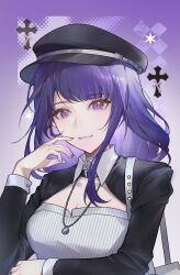  1girl alternate_costume bag black_hat collared_shrug commentary cross genshin_impact hat highres jewelry llwd010 long_hair long_sleeves looking_at_viewer nail_polish necklace purple_hair raiden_shogun shirt shoulder_bag shrug_(clothing) smile solo striped_clothes striped_shirt untranslatable_commentary upper_body vertical-striped_clothes vertical-striped_shirt violet_eyes wing_collar 
