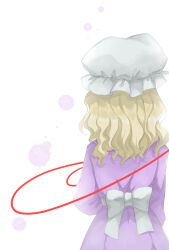  1girl absurdres back_bow back_cover bow commentary_request cover dress from_behind hat highres kanonari long_hair long_sleeves maribel_hearn mob_cap purple_dress sash solo standing string string_of_fate touhou white_background white_bow white_hat white_sash 