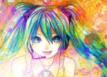  bad_id bare_shoulders bonnou-s-rice bust colorful face green_eyes green_hair hatsune_miku headset highres looking_at_viewer open_mouth paint_splatter smile solo traditional_media vocaloid watercolor_(medium) 
