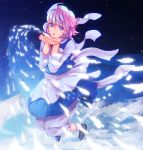  blowing blush hat highres lavender_hair letty_whiterock night night_sky nosuku open_hands purple_eyes scarf short_hair sky snow solo star_(sky) touhou violet_eyes 