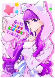  1girl absurdres animal_hood birthday blunt_bangs cat_hood commentary_request happy_birthday highres hood hoodie kirakira_precure_a_la_mode kotozume_yukari looking_at_viewer momo02634 parted_lips pink_hoodie precure purple_hair solo star_(symbol) violet_eyes 