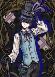  1boy baixiang1234567 black_eyes black_gloves black_hair black_hat black_pants blue_vest bow bowtie buttons closed_mouth fate/strange_fake fate_(series) gloves hat hat_feather highres long_sleeves looking_at_viewer male_focus pants purple_bow purple_bowtie short_hair sigma_(fate) solo top_hat vest 