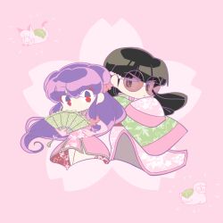  bird black_hair cat chibi double_bun dress dual_persona duck flower glasses hair_bun hair_flower hair_ornament hand_fan long_hair looking_at_viewer mousse_(duck)_(ranma_1/2) mousse_(ranma_1/2) pink_background pink_dress popcublove purple_hair ranma_1/2 red_eyes shampoo_(cat) shampoo_(ranma_1/2) simple_background sleeves_past_fingers sleeves_past_wrists wide_sleeves 