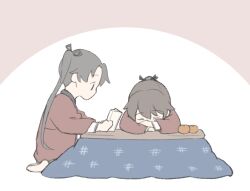  2girls ayanami_(kancolle) barefoot black_bow black_ribbon book bow brown_hair commentary_request feet food fruit grey_hair hair_between_eyes hair_bow hair_ribbon haori holding holding_book japanese_clothes kantai_collection kotatsu long_hair long_sleeves medium_hair multiple_girls orange_(fruit) ponytail reading red_eyes red_haori ribbon shikinami_(kancolle) side_ponytail sidelocks simple_background sitting sleeping table wachi_(hati1186) white_background |_| 