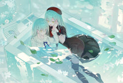  2girls absurdres aqua_hair ascot bang_dream! bang_dream!_it's_mygo!!!!! bathtub beret black_capelet black_dress black_thighhighs capelet chinese_commentary closed_mouth commentary_request dress green_hair hair_ornament hairclip hand_on_another's_cheek hand_on_another's_face hat highres holding_another's_wrist leaf long_hair long_sleeves looking_at_another mortis_(bang_dream!) mortis_(costume)_(bang_dream!) multiple_girls open_mouth partially_submerged red_hat red_shorts ribbon shirt shorts sitting skirt thigh-highs wakaba_mutsumi water white_dress white_sleeves yellow_eyes yu_cheyeweimian 