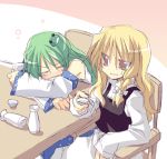  blonde_hair blush bottle brown_eyes choko_(cup) closed_eyes cup drink eyes_closed frog green_hair hair_ornament hat kirisame_marisa kochiya_sanae long_hair multiple_girls sake satoukibi tokkuri touhou witch witch_hat 