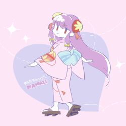  1girl bell bun_cover double_bun hair_bell hair_bun hair_ornament heart japanese_clothes long_hair looking_at_viewer looking_back popcublove purple_hair ranma_1/2 red_eyes shampoo_(ranma_1/2) sidelocks sparkle translation_request wide_sleeves 