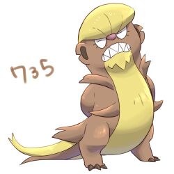  arms_behind_back closed_eyes commentary_request full_body gumshoos no_humans okiza_yuuri pokedex_number pokemon pokemon_(creature) pokemon_focus sharp_teeth simple_background solo standing teeth white_background 