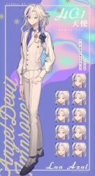  0v0_mu 1boy abstract_background absurdres angel_devil_improper arm_at_side black_ribbon black_shoes blue_eyes blue_flower blue_socks blue_streaks braid call_of_cthulhu character_name closed_mouth collared_shirt copyright_name cuff_links curtained_hair earrings flower full_body gem hair_flower hair_ornament hair_over_shoulder hair_ribbon high-ended_braid highres jewelry lapel_pin long_hair long_sleeves looking_at_viewer lua_azul male_focus multicolored_hair multicolored_shoes multiple_expressions necktie pants pink_gem purple_background purple_necktie ribbon shirt shoes single_braid single_earring single_hair_streak sleeve_garter smile socks solo standing streaked_hair suit_pants swept_bangs tassel tassel_earrings two-tone_shoes vest white_hair white_pants white_shirt white_shoes white_vest 