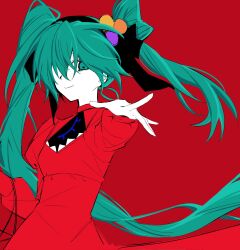  1girl aqua_eyes aqua_hair arm_up black_bow black_hairband bow closed_mouth commentary_request dress hair_bow hairband hatsune_miku highres looking_at_viewer pealerprpr psi_(vocaloid) reaching reaching_towards_viewer red_background red_dress smile solo twintails vocaloid 