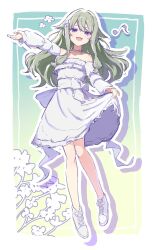  1girl :d alternate_costume bare_shoulders blush border bow choker collarbone commentary cosplay detached_sleeves dress dress_bow drop_shadow eighth_note frilled_dress frills full_body green_hair hair_flaps hand_up highres holding_own_dress jewelry kusanagi_nene long_hair long_sidelocks long_sleeves looking_at_viewer low-tied_sidelocks momoi_airi momoi_airi_(cosplay) musical_note necklace open_mouth outstretched_arm project_sekai ribbon ribbon_choker saihate_e_to_tobu_kimi_e_(project_sekai) shoes sidelocks simple_background sinya393939 sleeves_past_wrists smile solo strapless strapless_dress violet_eyes white_border white_bow white_dress white_shoes white_sleeves 