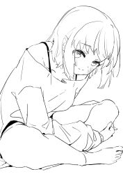 1girl absurdres barefoot blush bra_strap closed_mouth commentary greyscale highres kamiina_botan_yoeru_sugata_wa_yuri_no_hana kumaklo leaning_forward looking_at_viewer monochrome off-shoulder_shirt off_shoulder pants shirt short_hair sitting smile solo toes tonami_ibuki 