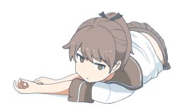  1girl :/ black_ribbon brown_eyes brown_hair brown_sailor_collar brown_skirt commentary_request full_body hair_ribbon kantai_collection looking_at_viewer lying medium_hair on_side parted_bangs pleated_skirt ponytail ribbon sailor_collar shadow shikinami_(kancolle) shirt short_sleeves sidelocks simple_background skirt solo wachi_(hati1186) white_background white_shirt 