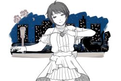  72_miscell ahoge bare_shoulders black_cat bracelet cat cityscape commentary_request floral_background half-closed_eyes hand_on_own_chest idolmaster idolmaster_cinderella_girls jewelry lamppost light_smile looking_at_viewer night short_hair skirt smirk wakui_rumi white_background 