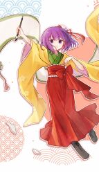  1girl boots brown_boots calligraphy_brush chinese_commentary commentary_request fby1313133 flower full_body green_kimono hair_flower hair_ornament hakama hakama_skirt hieda_no_akyuu highres japanese_clothes kimono lace-up_boots long_sleeves medium_hair open_mouth paintbrush purple_hair skirt smile solo textless_version touhou violet_eyes wide_sleeves yellow_kimono 