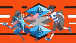  1boy :d asatsuki_(fgfff) ash-greninja black_hair black_hat blue_shoes bracelet capri_pants clenched_hands commentary_request elio_(pokemon) from_side greninja grey_eyes hand_up hat jewelry male_focus open_mouth pants pokemon pokemon_(creature) pokemon_sun_and_moon running shirt shoes short_hair short_sleeves smile t-shirt teeth upper_teeth_only z-ring 