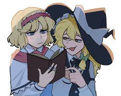 2girls :3 :d :| ahoge alice_margatroid backlighting black_bow black_bowtie black_hat black_vest blonde_hair blue_eyes blush book bow bowtie braid burnthomework capelet closed_mouth collared_capelet commentary english_commentary frilled_hairband frills frown green_bow hair_bow hairband half-closed_eyes hand_up hat hat_bow holding holding_book jaggy_lines jewelry kirisame_marisa large_bow lolita_hairband long_hair long_sleeves looking_to_the_side multiple_girls narrowed_eyes open_mouth pointing puppet_rings ring short_hair side_braid simple_background single_braid sleeve_garter smile smug touhou upper_body v-shaped_eyebrows vest white_background white_bow white_capelet wing_collar witch_hat yellow_eyes 