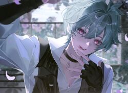  1boy arm_belt belt black_belt black_choker black_gloves black_vest blue_hair choker collared_shirt commentary_request double-parted_bangs falling_petals fingerless_gloves genshin_impact gloves hair_between_eyes hand_to_own_mouth korean_commentary lohen_(genshin_impact) lohen_(standardized_test)_(genshin_impact) long_sleeves los-sin male_focus mole mole_under_eye multicolored_eyes open_collar outdoors parted_lips petals pinstripe_pattern pinstripe_vest plant railing round_teeth shirt short_hair smile solo teeth upper_body upper_teeth_only vest white_shirt 