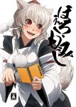  animal_ears bad_id blush detached_sleeves hat imizu_(nitro_unknown) inubashiri_momiji notepad pen red_eyes short_hair silver_hair solo tail tokin_hat touhou translation_request wolf_ears wolf_tail 
