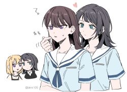  3girls akni bang_dream! bang_dream!_it's_mygo!!!!! blonde_hair blue_eyes blue_neckerchief blue_shirt cheek-to-cheek cheek_poking closed_mouth commentary_request hanasakigawa_school_uniform heads_together heart korean_commentary korean_text misumi_uika mole mole_under_eye multiple_girls neckerchief open_mouth poking sailor_collar school_uniform serafuku shiina_taki shirt short_sleeves simple_background translation_request violet_eyes white_background white_sailor_collar yahata_umiri yuri 