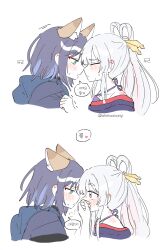  2girls absurdres animal_ears black_choker blue_hoodie blush cho_kaguya-hime! choker closed_eyes closed_mouth commentary_request covering_own_mouth ear_blush fox_ears green_eyes hair_ornament hair_rings hair_stick highres hood hoodie imminent_kiss japanese_clothes kimono korean_commentary korean_text looking_at_another multiple_girls off_shoulder purple_hair purple_kimono runami_yachiyo runami_yachiyo_(tsukuyomi) sakayori_iroha sakayori_iroha_(tsukuyomi) short_hair simple_background speech_bubble translation_request twintails violet_eyes wheloo3rd white_background white_hair yuri 