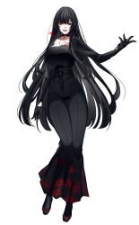  1girl absurdres black_collar black_dress black_gloves black_hair breast_tattoo collar commentary_request dress floral_print full_body gloves high-waist_pants highres kayoi long_hair long_sleeves mole mole_under_eye mole_under_mouth original pants red_eyes spider_lily_print square_neckline tattoo 